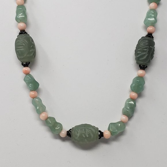 Carved Aventurine Rose Quartz Beaded Necklace - Picture 2 of 5